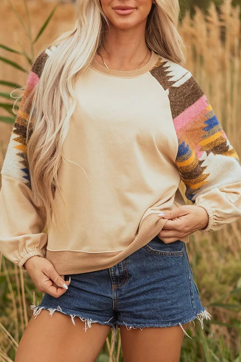 Sequined Rodeo Graphic Aztec Bubble Sleeve Sweatshirt, close-up detail