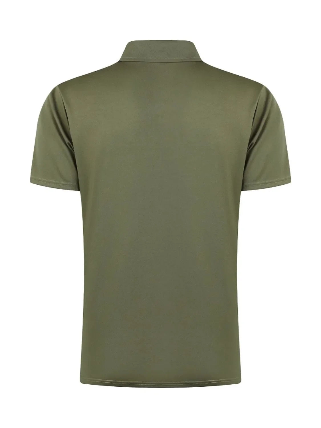 Moss green zip-front polo shirt with short sleeves and a streamlined fit.