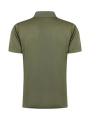 Moss green zip-front polo shirt with short sleeves and a streamlined fit.