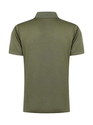 Moss green zip-front polo shirt with short sleeves and a streamlined fit.