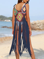 Navy crochet cover-up dress with colorful patchwork and long fringe detail.