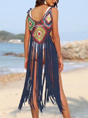 Navy crochet cover-up dress with colorful patchwork and long fringe detail.