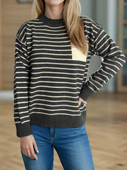 Dark Gray and cream striped knit sweater with asymmetrical pocket detail
