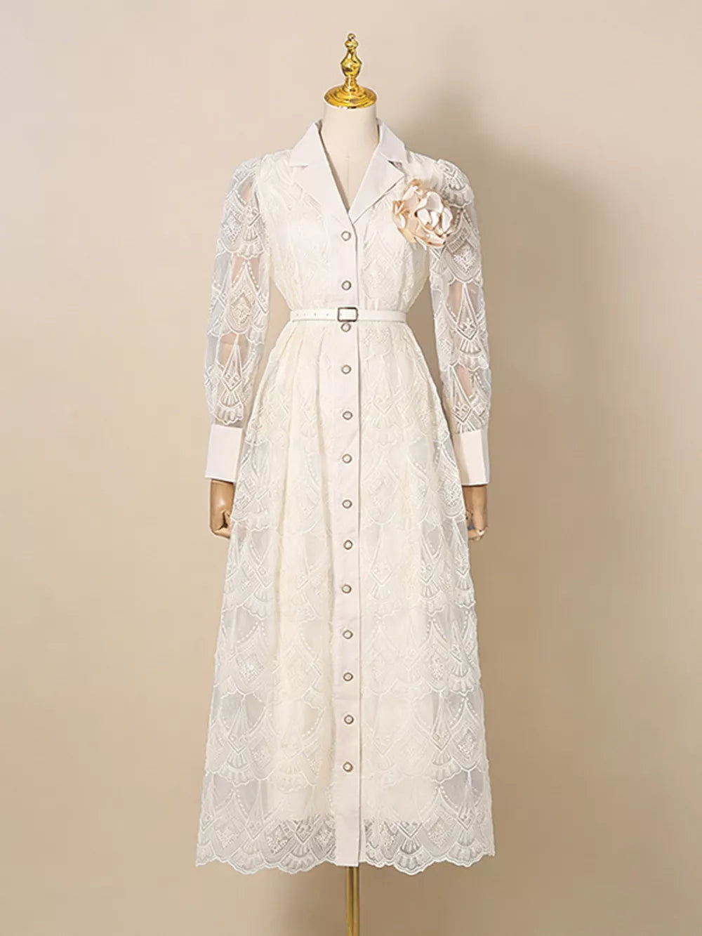 White lace midi dress with collared neckline, button placket, and floral detail.