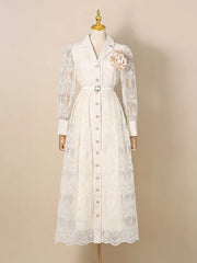 White lace midi dress with collared neckline, button placket, and floral detail.