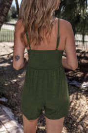 Army green ribbed bodice pleated short romper with adjustable straps.