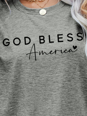 Mid Gray God Bless America script graphic tee with a crew neck.