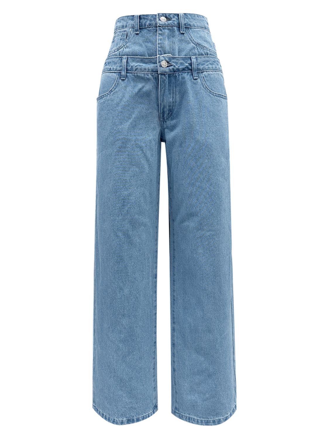 Light wash denim wide-leg trousers with a double-waist detail and button closure.