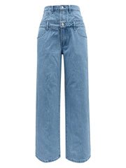 Light wash denim wide-leg trousers with a double-waist detail and button closure.
