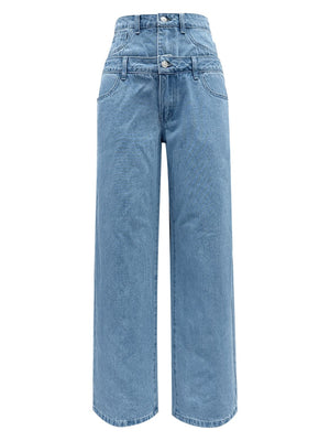 Light wash denim wide-leg trousers with a double-waist detail and button closure.