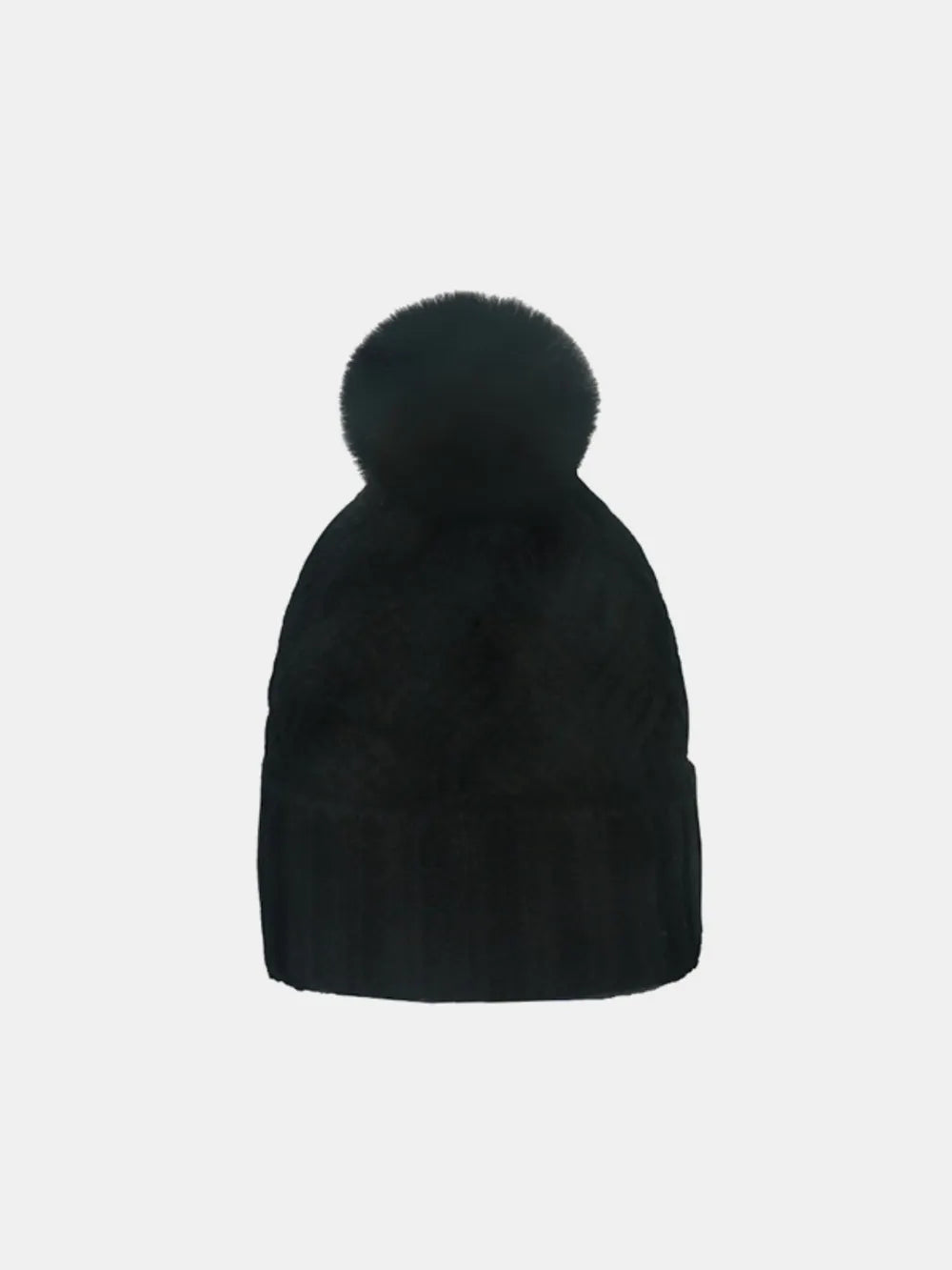 Black cable knit beanie with a fluffy pom detail.
