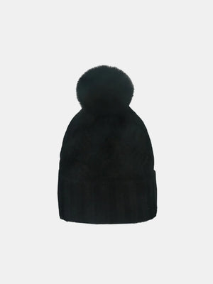 Black cable knit beanie with a fluffy pom detail.