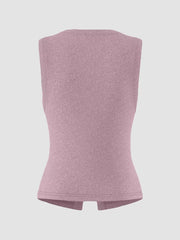Pink ribbed button-front fitted tank top with a split hem.
