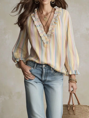 Striped V-neck Long Sleeve Blouse in Multicolor, side view