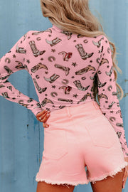Western print mesh bodysuit in dusty pink with long sleeves and a mock neck.