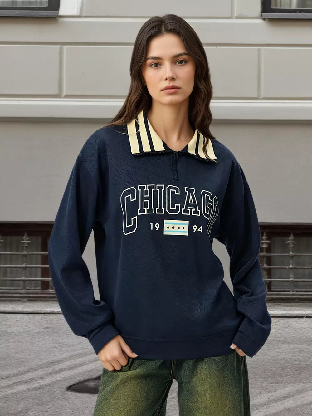 Graphic Sweatshirt With Striped Collar in Dark Blue, front view