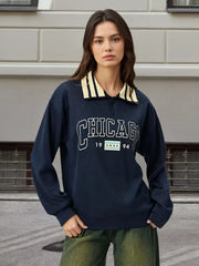 Graphic Sweatshirt With Striped Collar in Dark Blue, front view