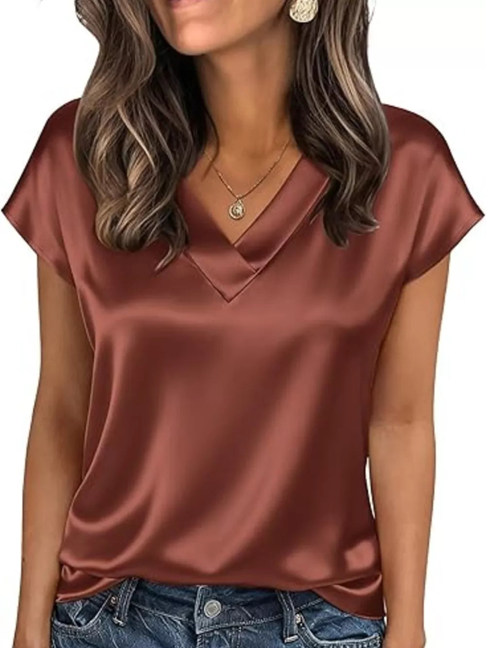 Brown satin V-neck short sleeve maternity shirt with a relaxed fit.