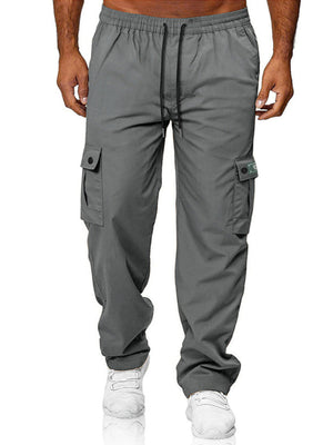 Gray cargo pants with adjustable drawstring waist and button flap pockets.