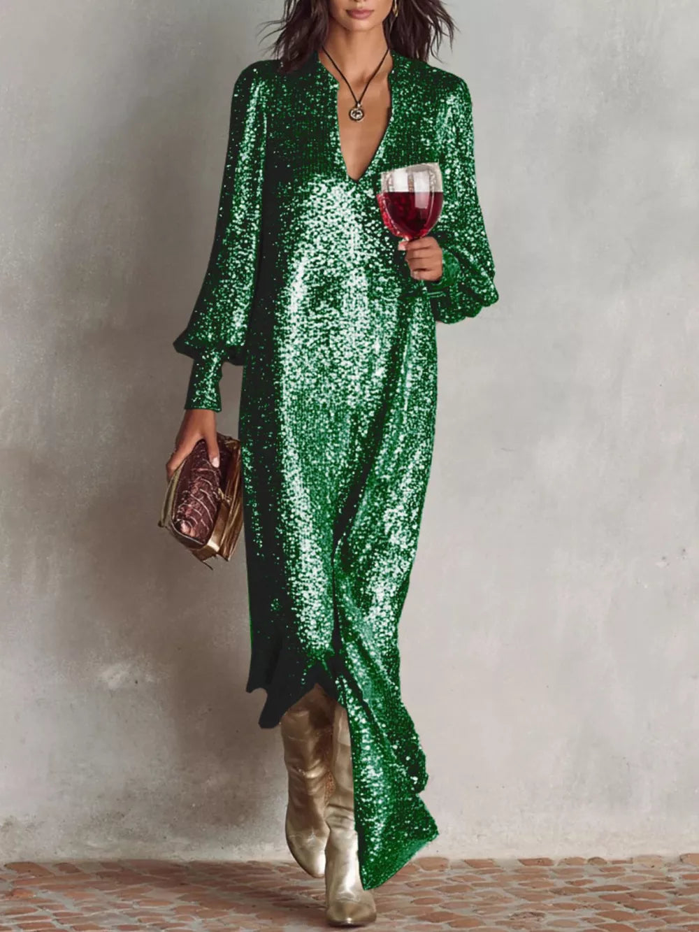 Glistening sequin maxi gown in dark green with lantern sleeves and a deep V-neck.