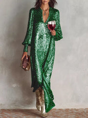 Glistening sequin maxi gown in dark green with lantern sleeves and a deep V-neck.