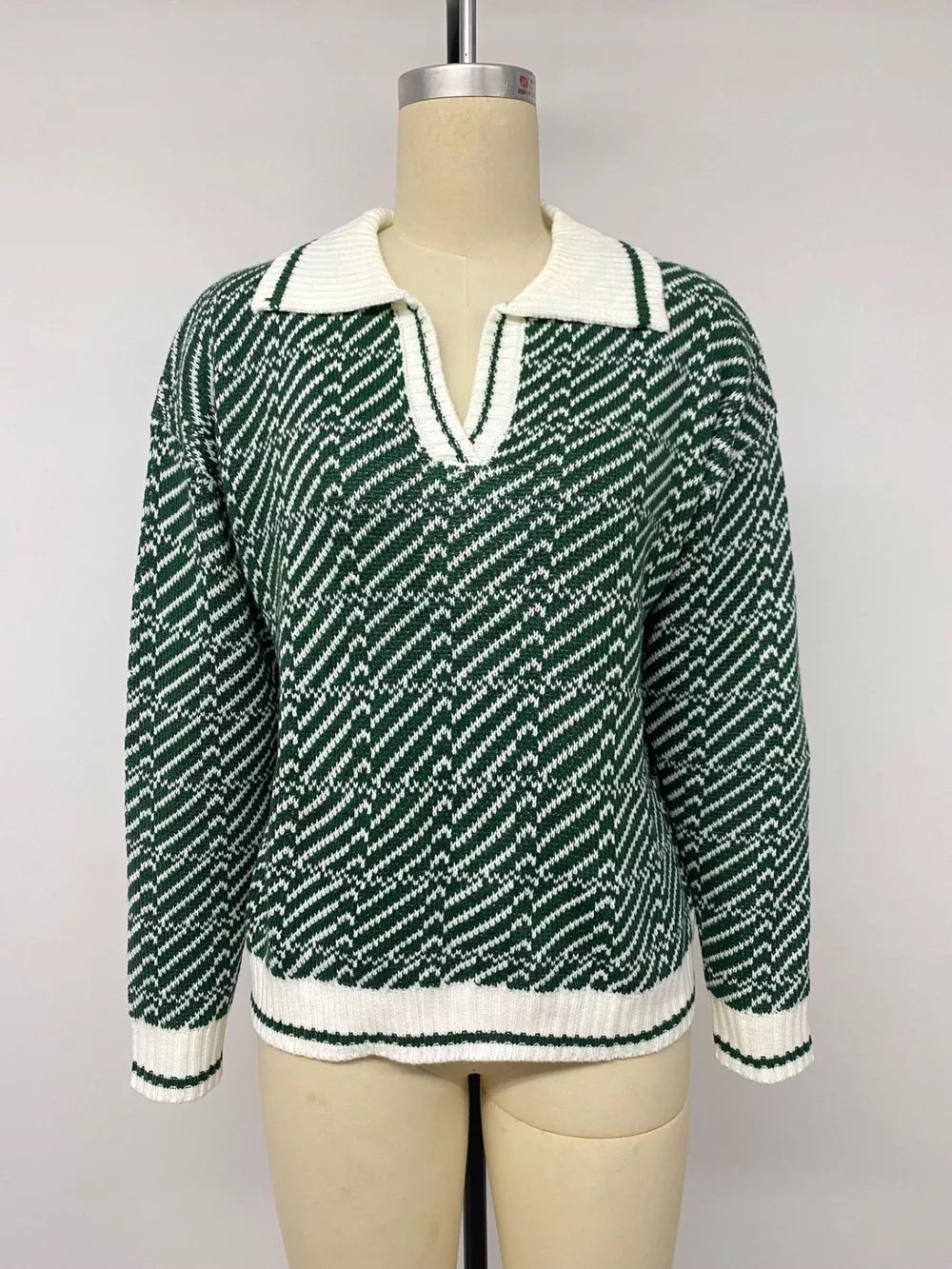Geometric Patterned Collared Sweater in Green, alternate angle