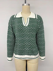 Geometric Patterned Collared Sweater in Green, alternate angle