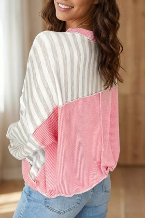 Twisted Rib Trim Striped Loose Pullover Sweatshirt, side view