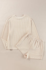 Chic monochrome matching set with long sleeve top and shorts in Dust Storm color.