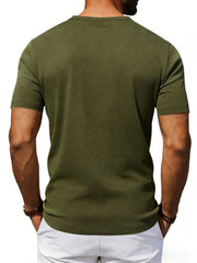 Army green cotton blend tee with scoop neck and short sleeves.