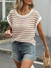 Chic striped crochet knit top in khaki and white with a round neckline and short sleeves.