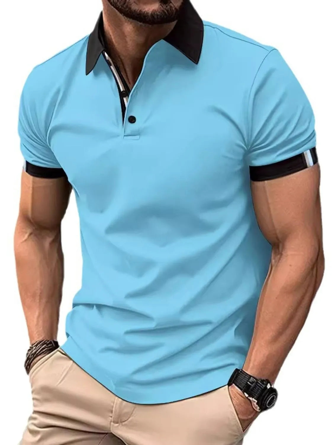 Pastel blue polo shirt with black contrast collar and striped sleeve trim.