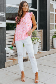 Pink floral ruffle yoke sleeveless blouse with v-neck