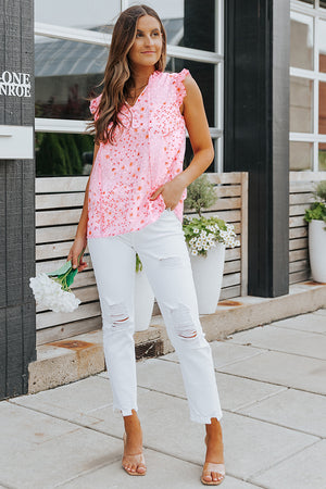 Pink floral ruffle yoke sleeveless blouse with v-neck