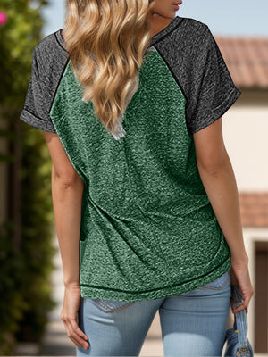 Raglan sleeve henley tee in dark green and gray with button detail.