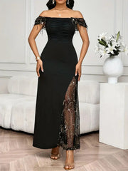 Black sequin mesh maxi dress with off-the-shoulder neckline, ruched bodice, and high slit.