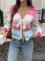 Striped Tie-front Cardigan in Multicolor, close-up detail