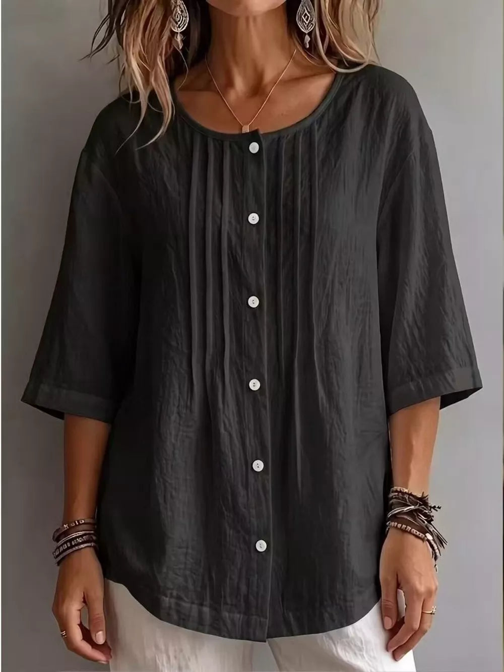 Full Size Texture Round Neck 3/4 Sleeve Blouse, close-up detail