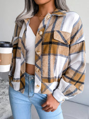 Oversized tartan shacket in camel with patch pockets and button front.