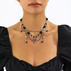 Gothic Cross Pendant Necklace Alloy Resin in Black, front view