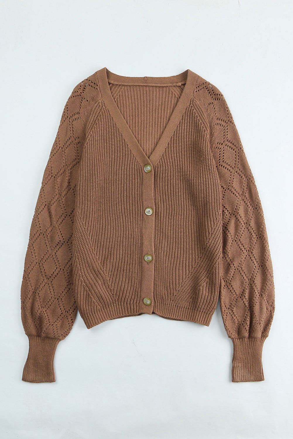Taupe diamond-cut sleeve knit cardigan with button front and V-neck