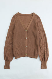 Taupe diamond-cut sleeve knit cardigan with button front and V-neck