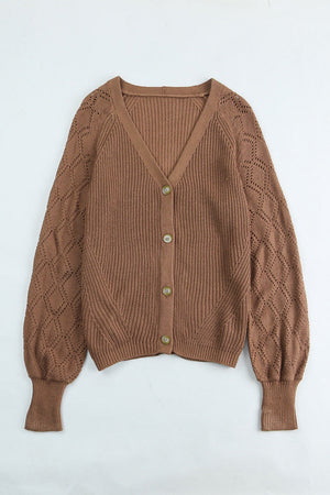 Taupe diamond-cut sleeve knit cardigan with button front and V-neck