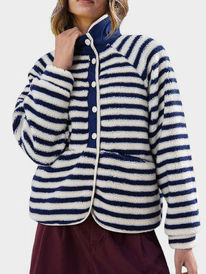 Sherpa button-up jacket with navy and cream stripes, contrast collar and trim.