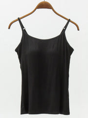 Black cami with adjustable spaghetti straps and a scoop neckline.
