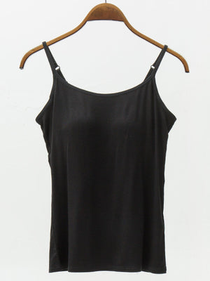 Black cami with adjustable spaghetti straps and a scoop neckline.