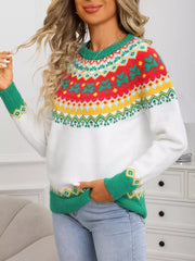 White knit sweater with charming clover fair isle pattern, green cuffs and neckline.