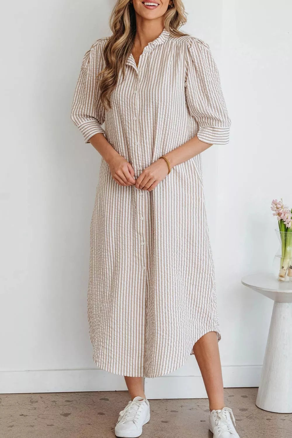 Stripe Frilled Collar Half Sleeve Shirt Dress, alternate angle