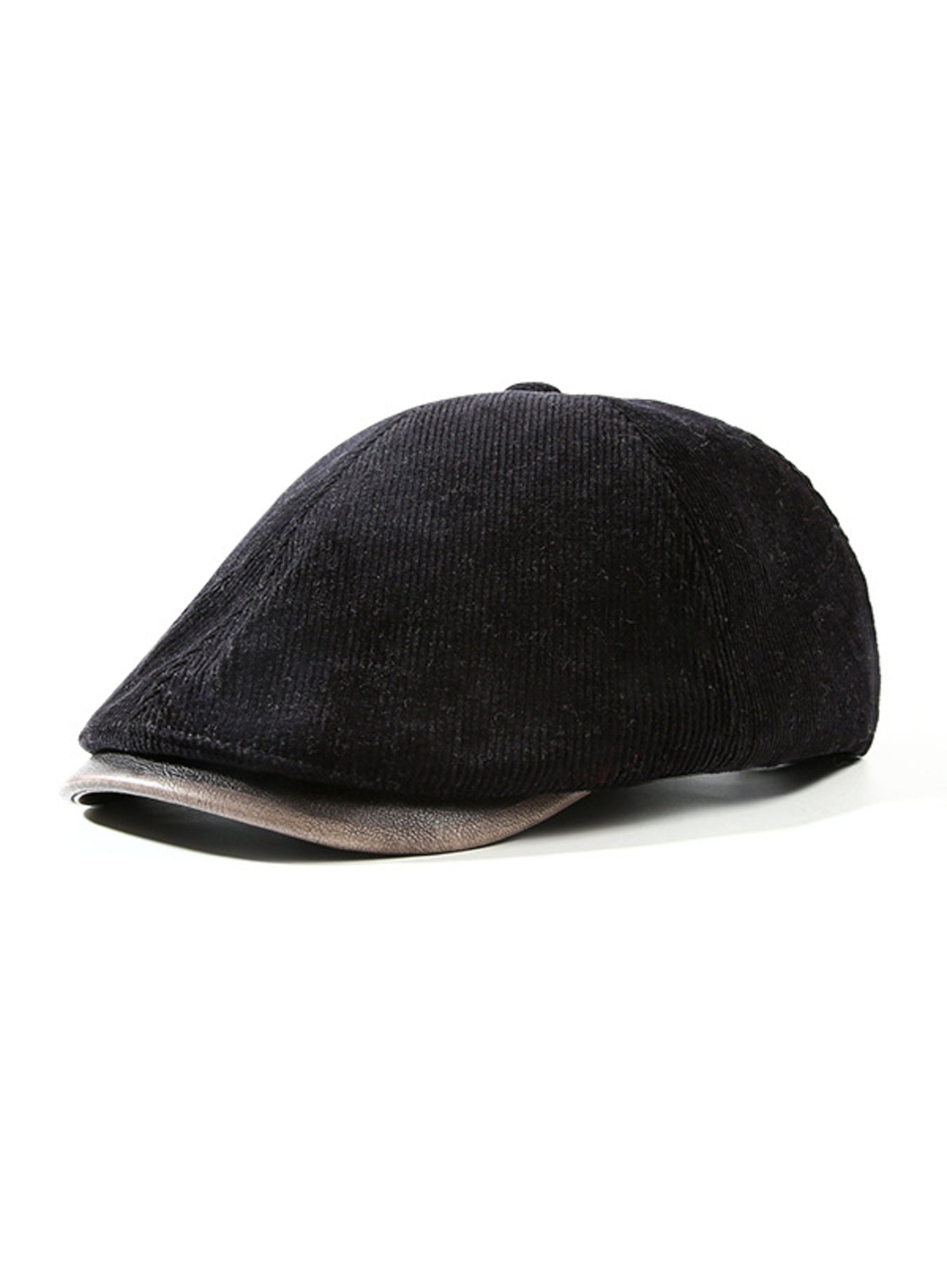 Black corduroy newsboy hat with a faux leather brim