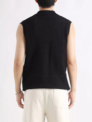 Black knit polo collar tank top with a textured pattern.